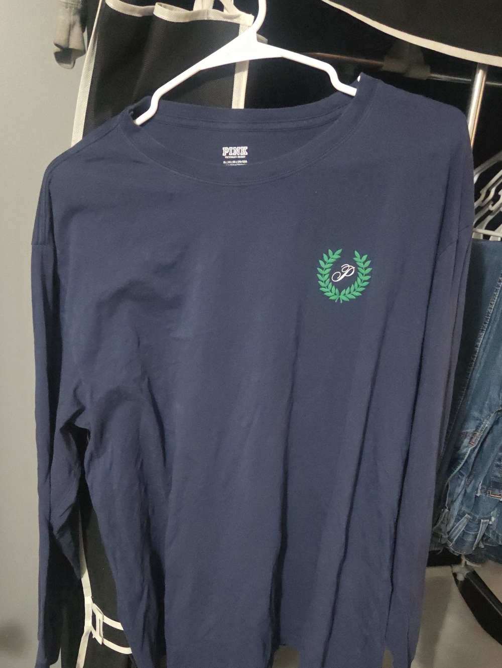 PINK Victoria's Secret Navy Long-Sleeve Tee with Green Laurel Crest